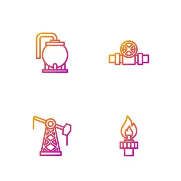 Set line Oil rig with fire, pump or pump jack, tank storage and Metallic pi.. Stock Illustration