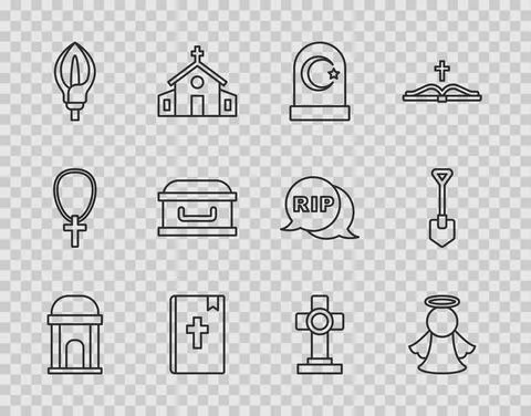 Set line Old crypt, Angel, Muslim cemetery, Holy bible book, Lily flower, Coffin Stock Illustration