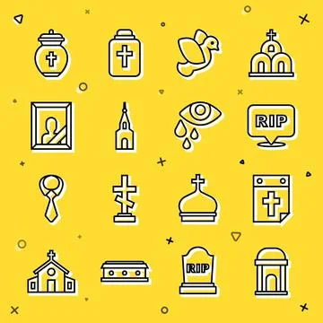Set line Old crypt, Calendar death, Speech bubble rip, Dove, Church building Ilustración de archivo