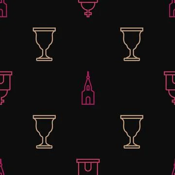 Set line Old crypt, Christian chalice and Church building on seamless pattern Ilustración de archivo