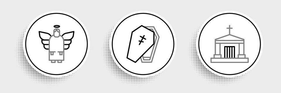 Set line Old crypt, Christmas angel and Coffin with cross icon. Vector Ilustración de archivo