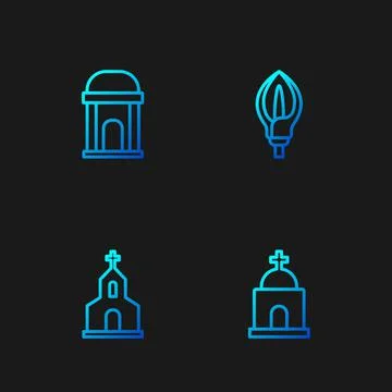 Set line Old crypt, Church building, and Lily flower. Gradient color icons Ilustración de archivo