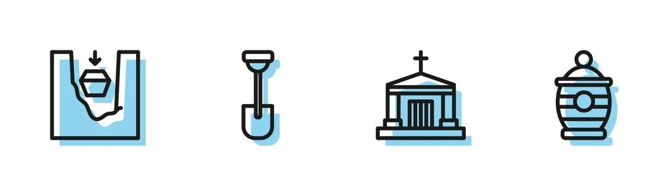 Set line Old crypt, Coffin in grave, Shovel and Funeral urn icon. Vector Ilustración de archivo