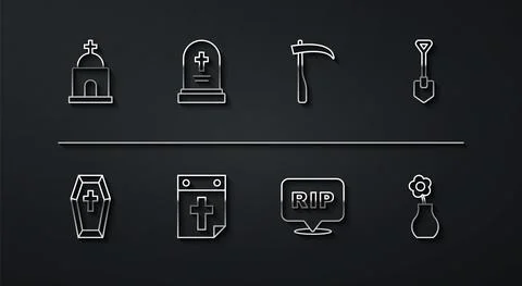 Set line Old crypt, Coffin with cross, Shovel, Speech bubble rip death, Calendar Ilustración de archivo