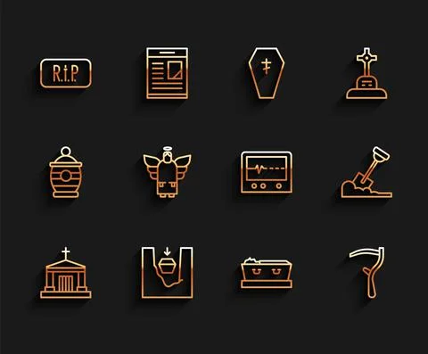 Set line Old crypt, Coffin in grave, Speech bubble rip death, with dead, Scythe Ilustración de archivo