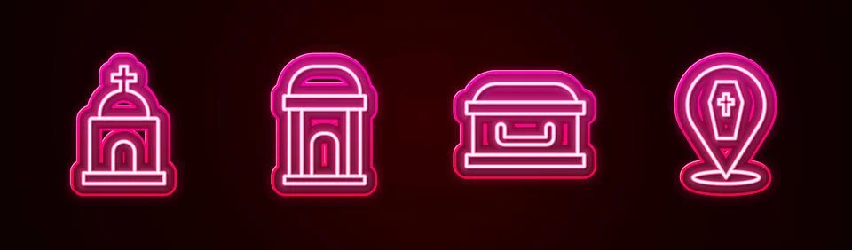 Set line Old crypt, , Coffin with cross and . Glowing neon icon. Vector Ilustración de archivo