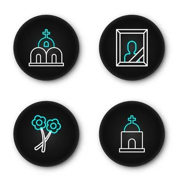 Set line Old crypt, Flower, Mourning photo frame and Church building icon. .. Ilustración de archivo