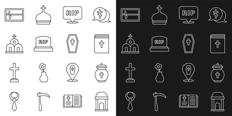 Set line Old crypt, Funeral urn, Holy bible book, Speech bubble rip death Ilustración de archivo