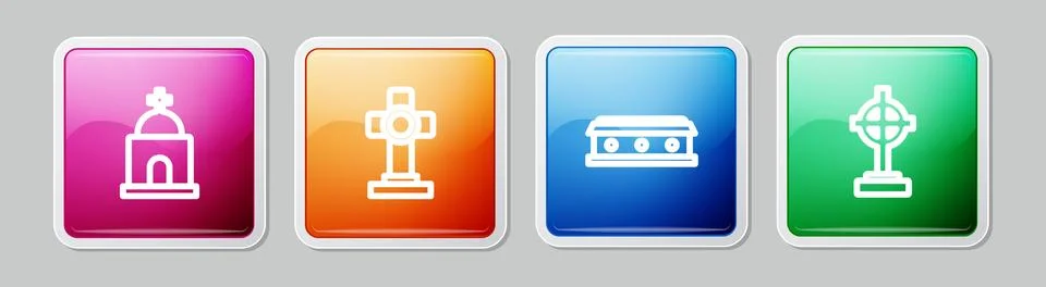 Set line Old crypt, Grave with cross, Coffin and . Colorful square button. Ve Ilustración de archivo