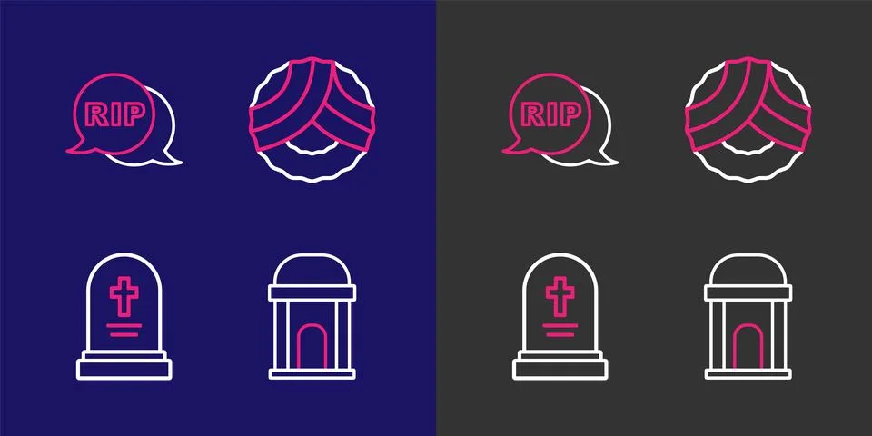 Set line Old crypt, Grave with tombstone, Memorial wreath and Speech bubble.. Ilustración de archivo