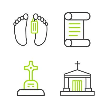 Set line Old crypt, Grave with cross, Decree, parchment, scroll and Dead bo.. Ilustración de archivo