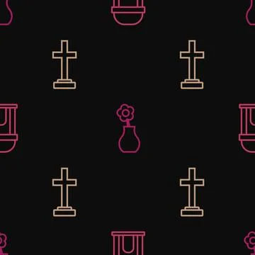 Set line Old crypt, Grave with cross and Flower in vase on seamless pattern.. イラスト素材