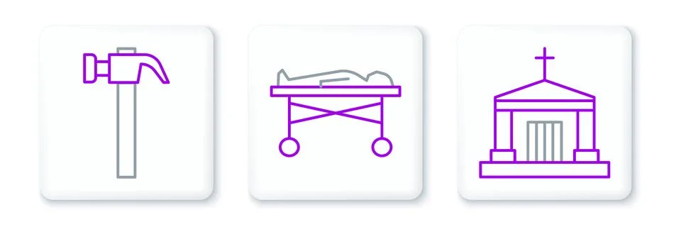 Set line Old crypt, Hammer and Dead body in the morgue icon. Vector Ilustración de archivo