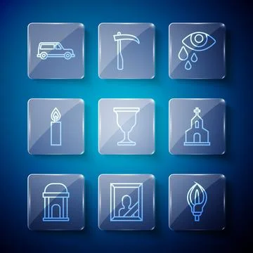 Set line Old crypt, Mourning photo frame, Lily flower, Tear eye, Christian .. Ilustración de archivo