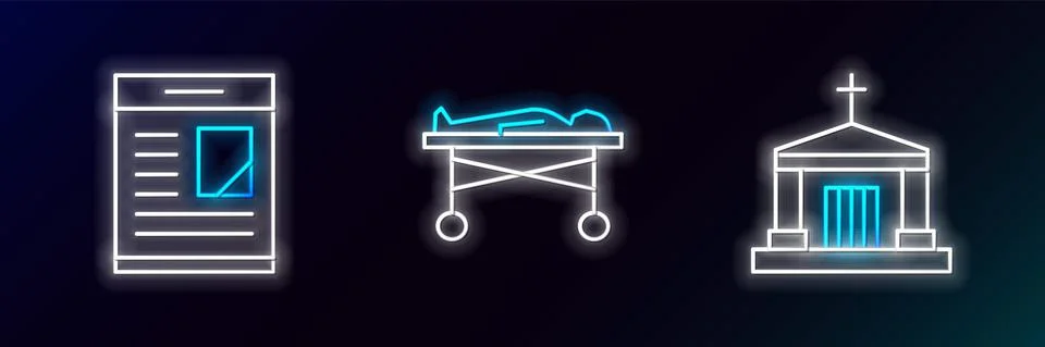 Set line Old crypt, Obituaries and Dead body in the morgue icon. Glowing neon Ilustración de archivo