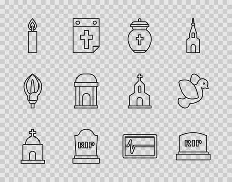Set line Old crypt, Tombstone with RIP written, Funeral urn, Burning candle.. Ilustración de archivo