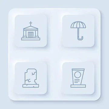 Set line Old crypt, Umbrella, grave with tombstone and Grave. White square Ilustración de archivo