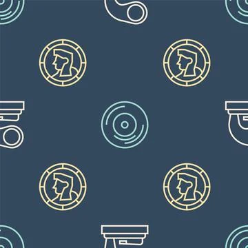 Set line Old gramophone, Ancient coin and Vinyl disk on seamless pattern. Vector Stock Illustration