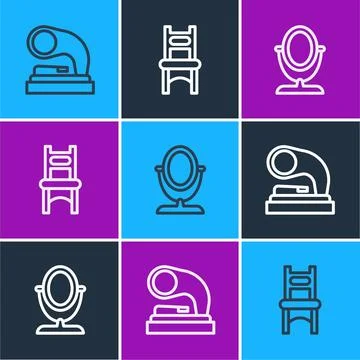 Set line Old gramophone, Round makeup mirror and Chair icon. Vector Stock Illustration