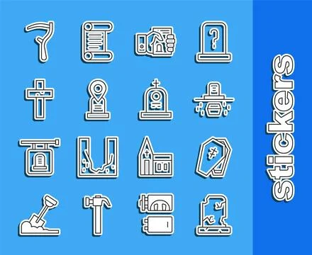 Set line Old grave with tombstone, Coffin cross, Grave coffin, Death certif.. Stock Illustration