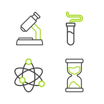 Set line Old hourglass, Atom, Test tube and Microscope icon. Vector Illustrazione stock