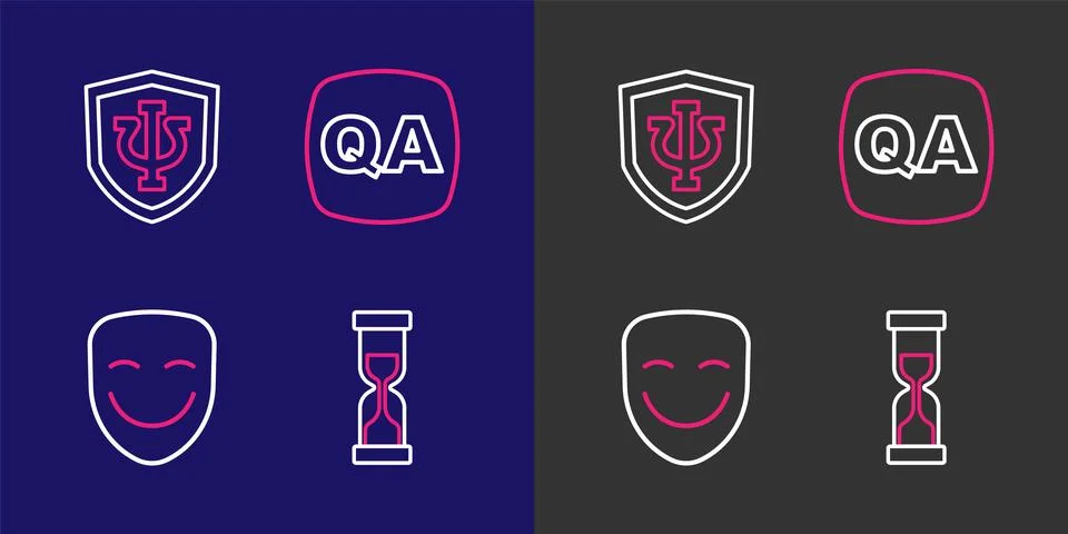 Set line Old hourglass, Comedy theatrical mask, Question and Answer and Psy.. Stock Illustration
