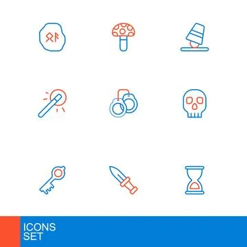 Set line Old hourglass, Dagger, magic key, Skull, Magic wand, Handcuffs, Ga.. 库存插图