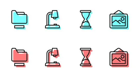 Set line Old hourglass, Document folder, Table lamp and Picture landscape icon Stock Illustration