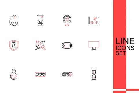 Set line Old hourglass, Game controller or joystick, life bar, Bottle with .. Stock Illustration