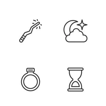 Set line Old hourglass, Magic stone ring, wand and Moon stars icon. Vector Illustrazione stock