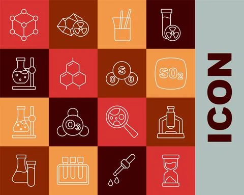 Set line Old hourglass, Microscope, Sulfur dioxide SO2, Laboratory glassware 스톡 일러스트