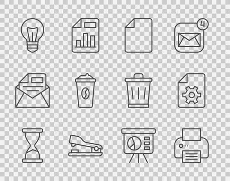 Set line Old hourglass, Printer, File document, Stapler, Light bulb, Coffee c Stock Illustration