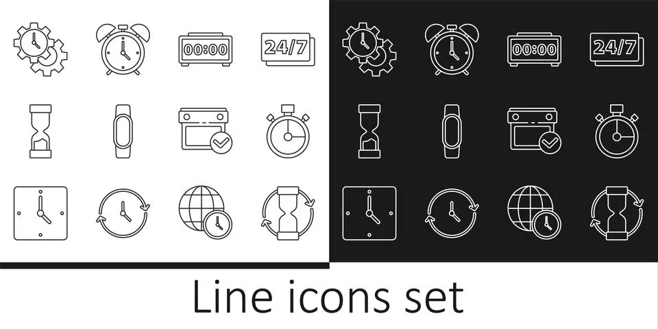Set line Old hourglass, Stopwatch, Digital alarm clock, Smartwatch, Time Ma.. Stock Illustration