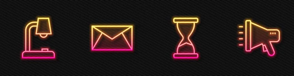 Set line Old hourglass, Table lamp, Mail and e-mail and Megaphone. Glowing neon Stock Illustration