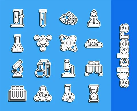 Set line Old hourglass, Test tube, CO2 emissions in cloud, Radioactive, Molecule イラスト素材