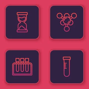 Set line Old hourglass, Test tube, Molecule and . Blue square button. Vector Ilustración de archivo