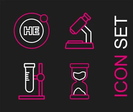 Set line Old hourglass, Test tube flask on stand, Microscope and Helium icon イラスト素材