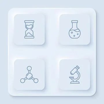 Set line Old hourglass, Test tube, Molecule and Microscope. White square button 库存插图
