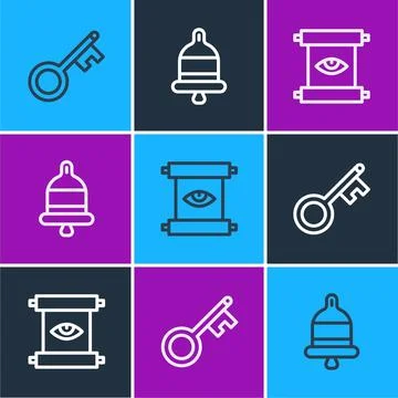 Set line Old key, Ancient magic scroll and Ringing alarm bell icon. Vector 스톡 일러스트