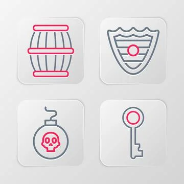 Set line Old key, Bomb ready to explode, Shield and Gun powder barrel icon イラスト素材