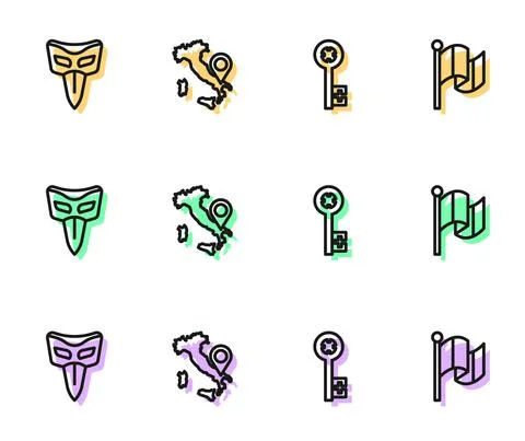 Set line Old key, Carnival mask, Map of Italy and Flag icon. Vector Stock Illustration