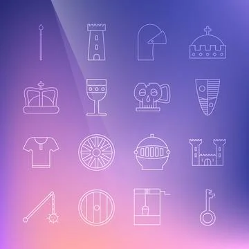 Set line Old key, Castle, Shield, Medieval iron helmet, goblet, King crown Ilustración de archivo