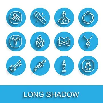 Set line Old key, Dagger, Comet falling down fast, Burning candle, Mars, Magic Illustrazione stock