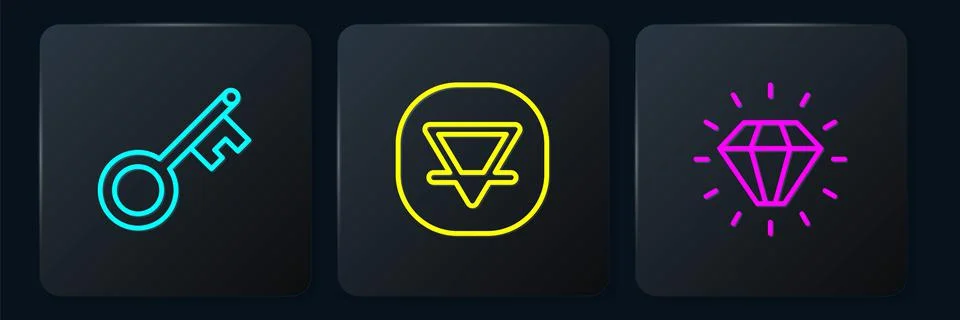 Set line Old key, Diamond and Earth element. Black square button. Vector Stock Illustration