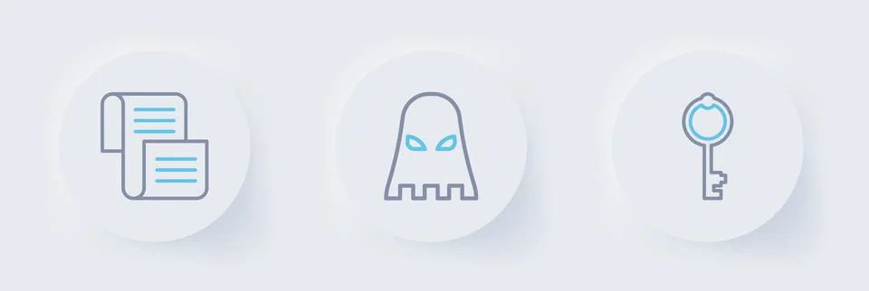 Set line Old key, Executioner mask and Decree, parchment, scroll icon. Vector Illustrazione stock