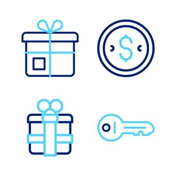 Set line Old key, Gift box, Coin money with dollar and icon. Vector Stock Illustration