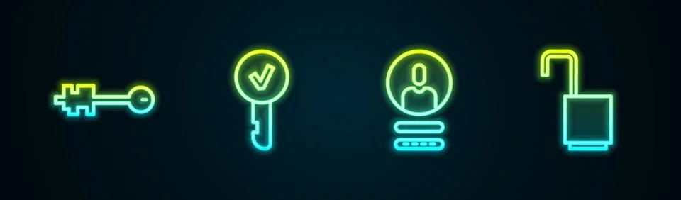 Set line Old key, Key, Create account screen and Open padlock. Glowing neon icon Stock Illustration