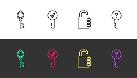 Set line Old key, Key, Safe combination lock and Undefined on black and whi.. Stock Illustration