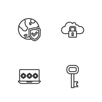 Set line Old key, Laptop with password, Shield world globe and Cloud computing Illustrazione stock