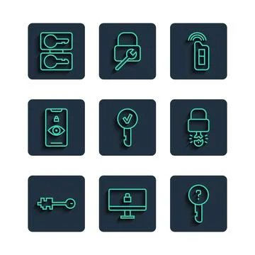 Set line Old key, Lock on computer monitor, Undefined, Car with remote, Key, Eye Stock Illustration